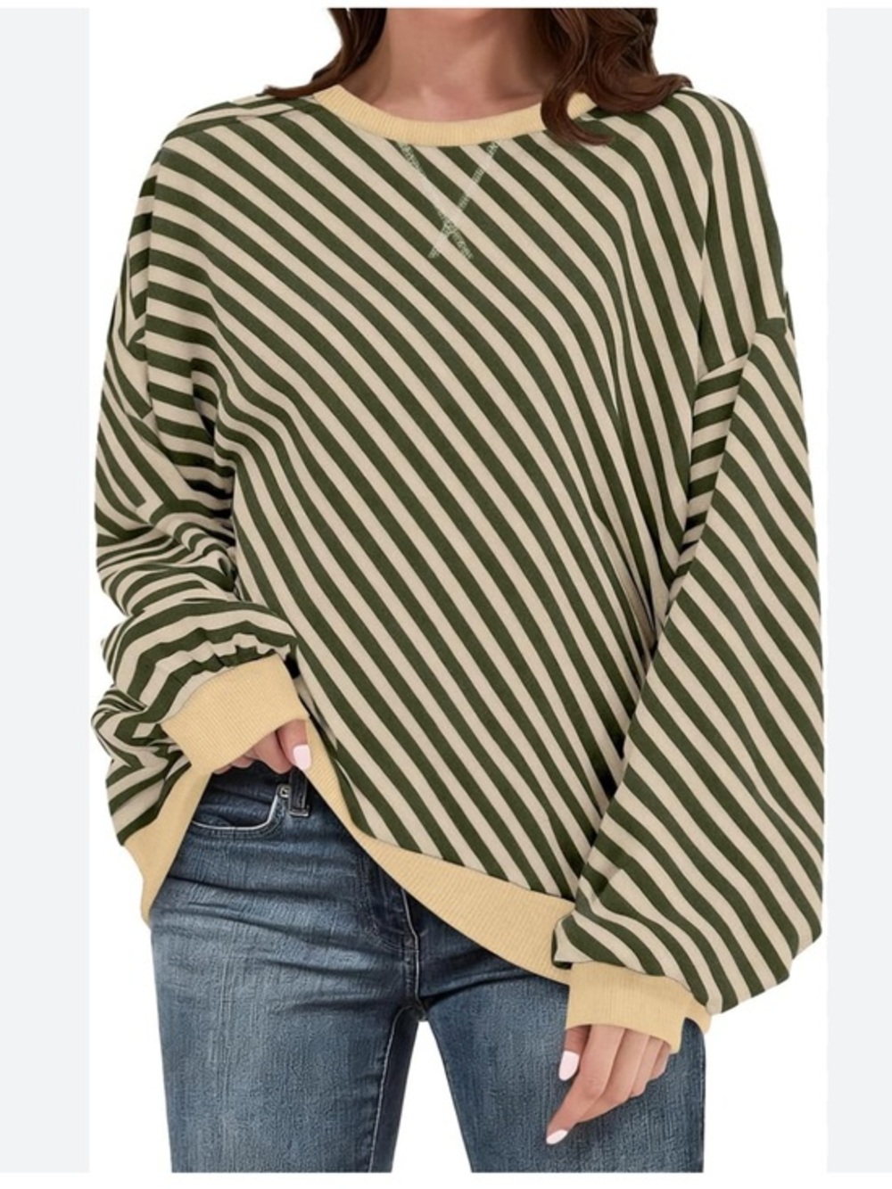 Oversized Striped Crewneck Sweater - Olive Green & Cream
